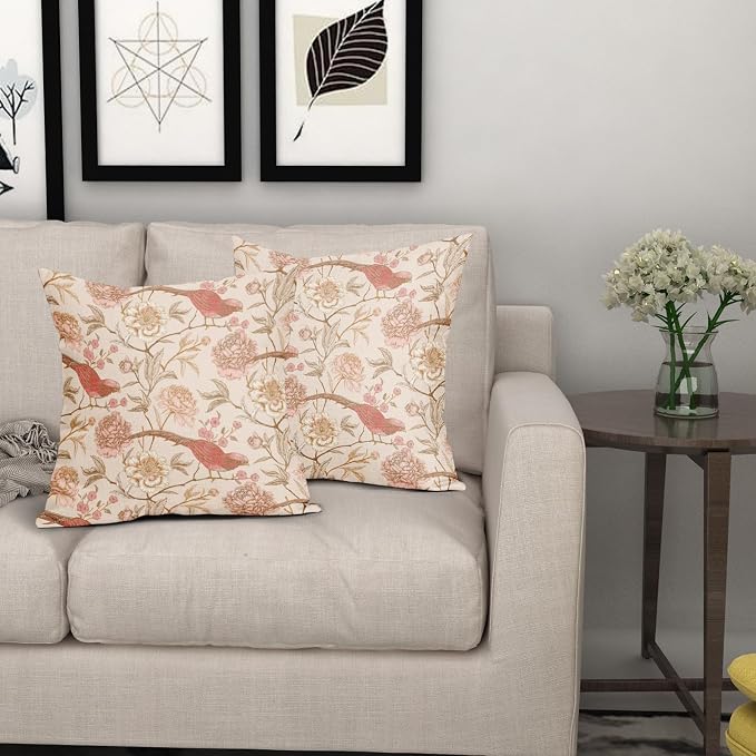 Pink White Roses Floral Pillow Covers 16X16 Inch Set of 2 Retro Flowers Birds Leaves Decorative Pillow Cases Art Vintage Cotton Linen Cushion Case Retro Home Decor for Sofa Couch Porch Outdoor