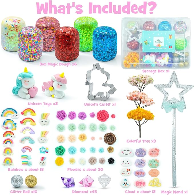SIMPLIPLAY Unicorn Sensory Dough Kit, 6PCS 18oz Glitter Doughs with Accessories(120 Pcs+), Non-Toxic Colorful Sensory Dough for Girls Gift with Cutter, Unicorn Toys, Improve Fine Motor Skills