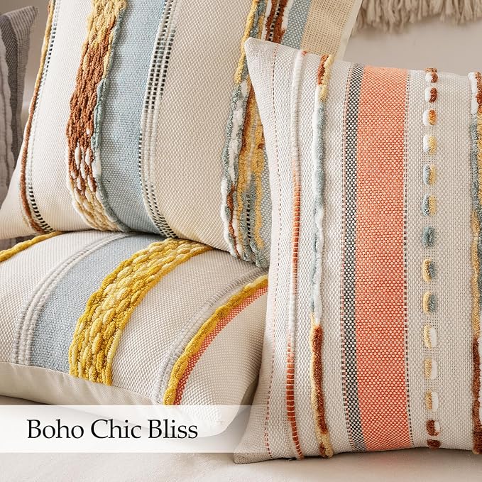ANRODUO Boho Decorative Throw Pillow Covers Pink Stripe 18x18 Pack of 2 | Throw Pillow Covers, Farmhouse Cushion Case, Chenille Pillow Cases, Pillow Covers, Accent Neutral Pillowcase for Sofa Couch