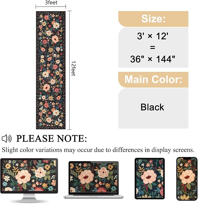 DUKINO 3x12 Washable Runner Rug, Long Hallway Runner Rug Non Slip, Black | Soft, Low Pile, Floral Indoor Runner Rug for Kitchen, Entryway, Bedroom, Bathroom, Laundry, Modern Home Decor, Non-Shedding