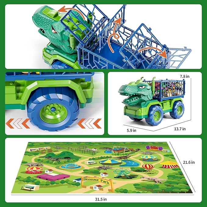 Dinosaur Truck for Kids 2-4, Dinosaur Action Figure Toys for Toddler 3-5 with 8 Dinosaur Figures, Play Mat, Egg, Tree, T-Rex Transport Car Carrier Birthday Gifts Toys for Boys 2 3 4 5 6 Year Old