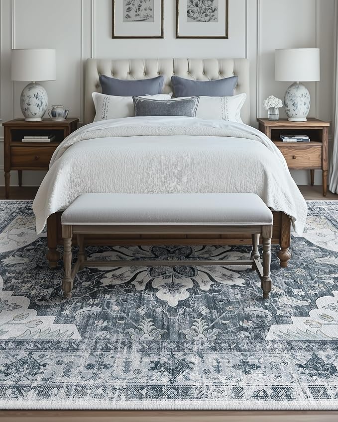 RELEANY Area Rugs Large 10'x14' Washable Non-Slip, Floral Vintage Distress Medallion Carpet for Living Room Bedroom Dining Room, Light Gray Grey White