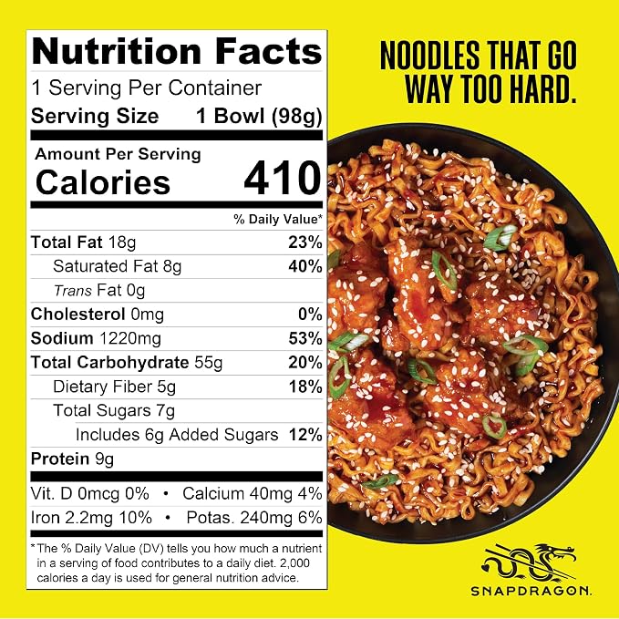 Snapdragon Saucy Instant Noodles with Korean Fried Chicken Sauce - Quick Meal, Snack, and Lunch. 6-Pack Microwave Noodles for Cup, Bowl, Ramen or Asian Stir Fry