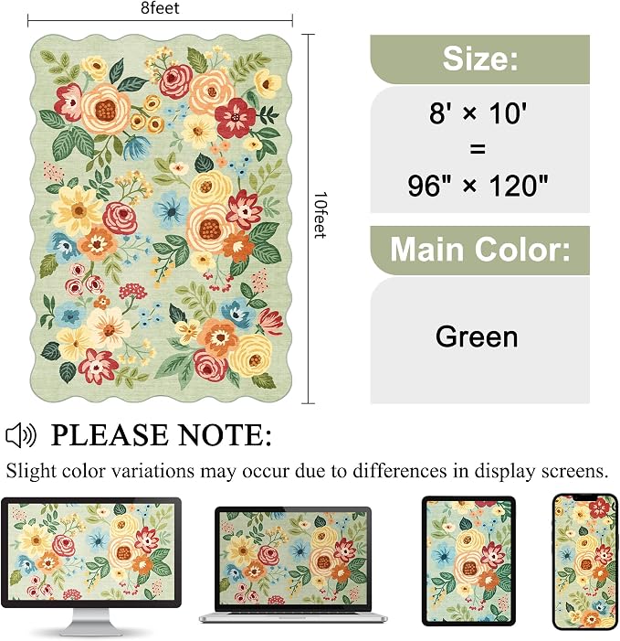 DUKINO 8x10 Area Rug for Living Room, Floral Washable Rug Non Slip, Green | Soft, Low Pile, Stain Resistant Throw Large Rug for Bedroom, Dining Room, Nursery, Kids Playroom, Pet Friendly, Home Decor