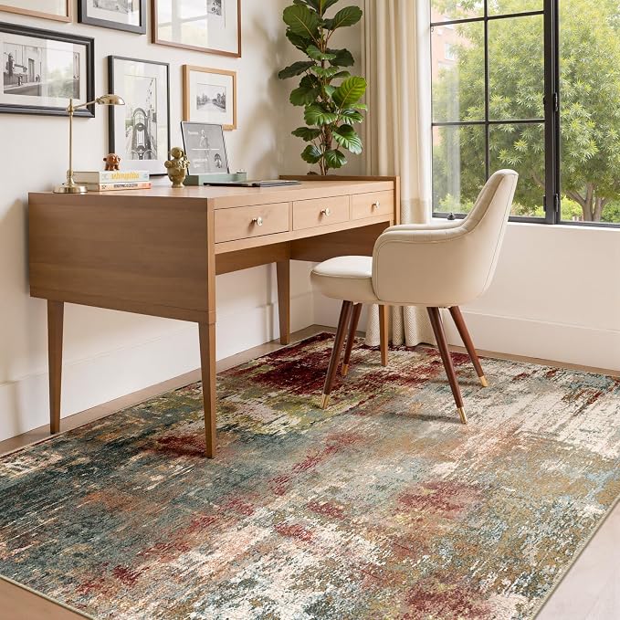 RELEANY Washable 4'x6' Abstract Area Rug for Living Room Rustic Brown | carpet for bedroom, kitchen, office, hallway and entryway, printed pattern, non-slip, soft, stain-resistant, easy to clean