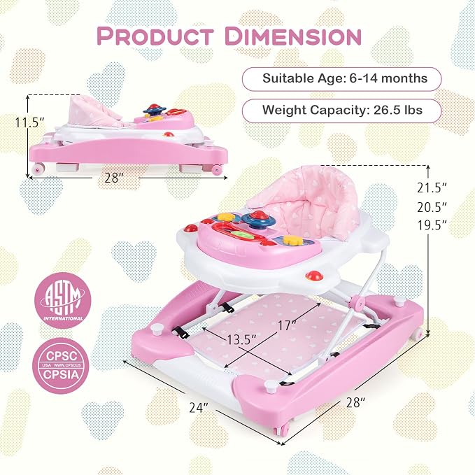 BABY JOY 6-in-1 Baby Walker, Foldable Baby Walker with Wheels, Adjustable Height, Music, Lights, Bouncer & Rocker Mode, Baby Walkers for Boys Girls 6-14 Months (Pink)