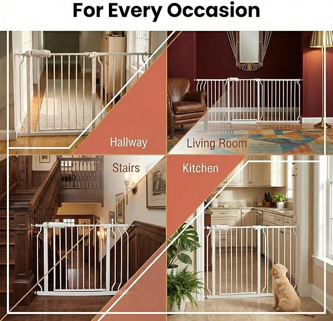 Auto Close Baby & Dog Gate 34-38.5 Inch, Tension Safety Gate Indoor, White Metal, Walk-Through Child Gate for Kids & Pets