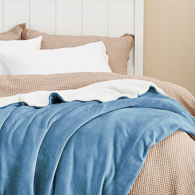 Bedsure GentleSoft Sherpa Fleece Blanket Queen Size for Bed, Non-Heated, Thick and Warm Throw for Women and Men, Soft Fuzzy Plush Queen Blanket for Winter, Washed Blue, 90x90 Inches