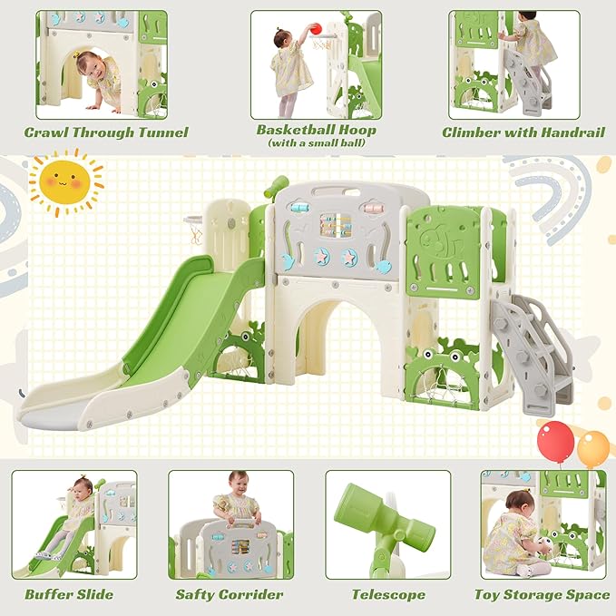 11in 1 Toddler Slide, Kid Slide for Toddlers Age 1-3 with Telescope, Basketball Hoop, and Telescope, Indoor Outdoor Playset Playground Green Grey