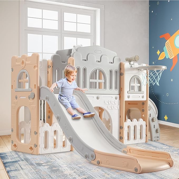 Toddler Slide 8 in 1 Toddler Playset for Toddlers Age 1-3, Baby Playset for Indoor Outdoor Playground with Climber, Crawling Tunnel, Basketball Hoop, Telescope, Toy Storage
