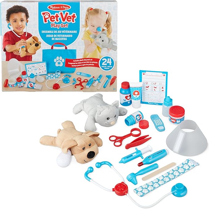Melissa & Doug Examine and Treat Pet Vet Pretend Play Set with Plush Dog and Cat (24 Pcs) Kids Veterinary Play Set, Veterinarian Kit for Kids, STEAM Toy, Pretend Doctor for Ages 3+
