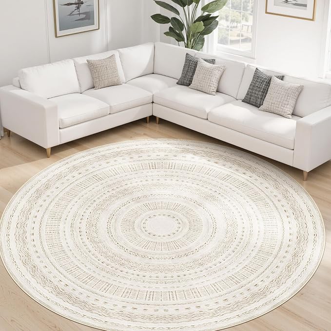 cotiled 8x8 Round Area Rugs Living Room Rug: Washable Boho Rugs with Non Slip Backing Large Soft Indoor Stain Resistant Carpet for Bedroom Farmhouse Dining Room Lightweight Home Decor Brown/Cream