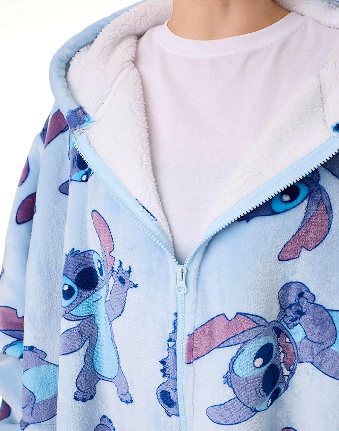 Disney Lilo & Stitch Womens Wearable Blanket Hoodie | Adults Hooded Zip Fleece in Blue | Stitch Character Print Loungewear