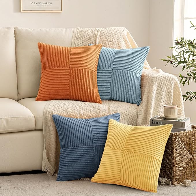 MIULEE Summer Yellow Blue Decorative Throw Pillow Covers 20x20 Inch Set of 4 Soft Corduroy Boho Patchwork Pillow Covers Modern Farmhouse Bright Home Decor for Sofa Living Room Couch Bed