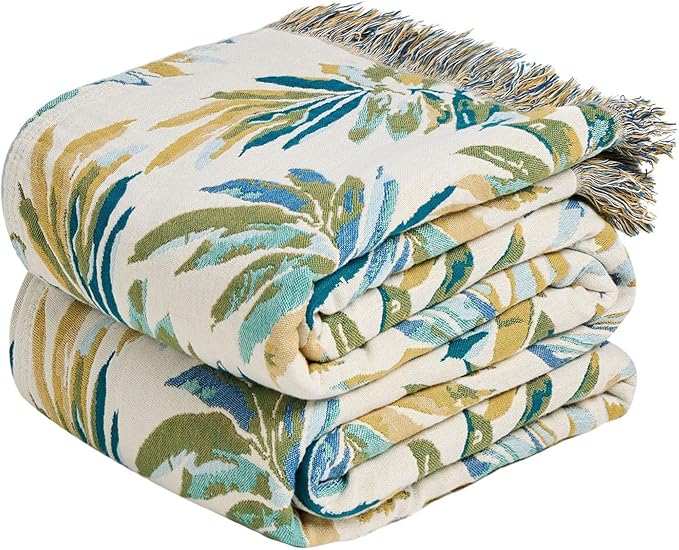 LUTBM Boho Throw Blanket for Couch 50"x60", Cotton Decorative Bed Throws | Reversible Leaves Jacquard, All-Season Lightweight Soft Blanket, For Chair Sofa Bedroom Living Room Decor, Home Accent Gift