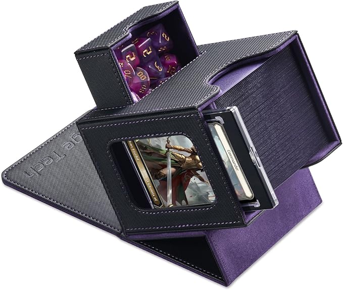 Mage Tech Card Deck Box for MTG Commander - Patented Design, Commander Display, Fits 100 Double-Sleeved Cards, 35pt Card Brick & Dice Tray - Black/Purple