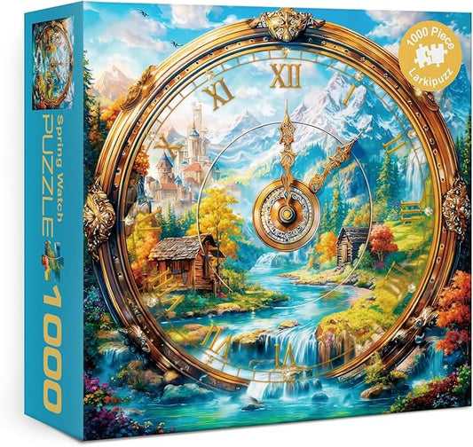 Landscape Clock Puzzles for Adults 1000 Pieces, Art Nature Mountain Flower Plant Jigsaw Puzzles, Challenging Colorful Scenic River Cabin Watch Puzzle