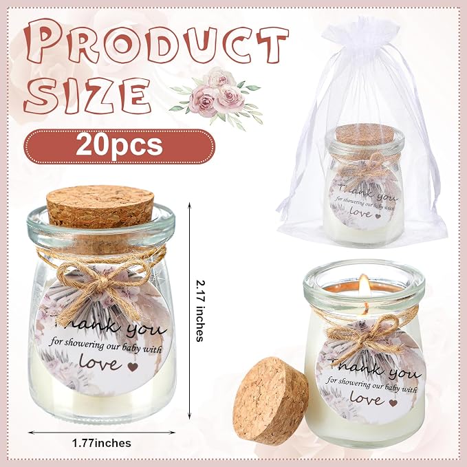 Threlaco 20 Pcs Boho Baby Shower Favors Party Candle Lavender Scented Glass Mason Jar Wax Candle Bulk for Guests Girl Boy Gender Reveal Party Gifts(Khaki)