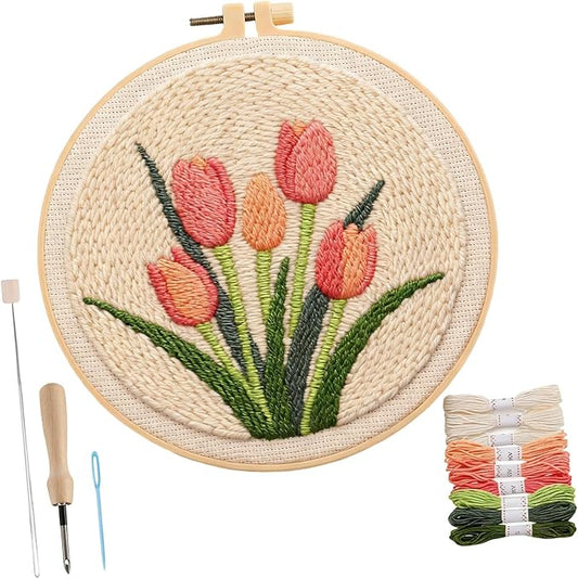Kangnice Creative Punches Needle Embroidery Set with Floral Designs All Materials Included for Stress Relief Activity Washable Fabric Making Set