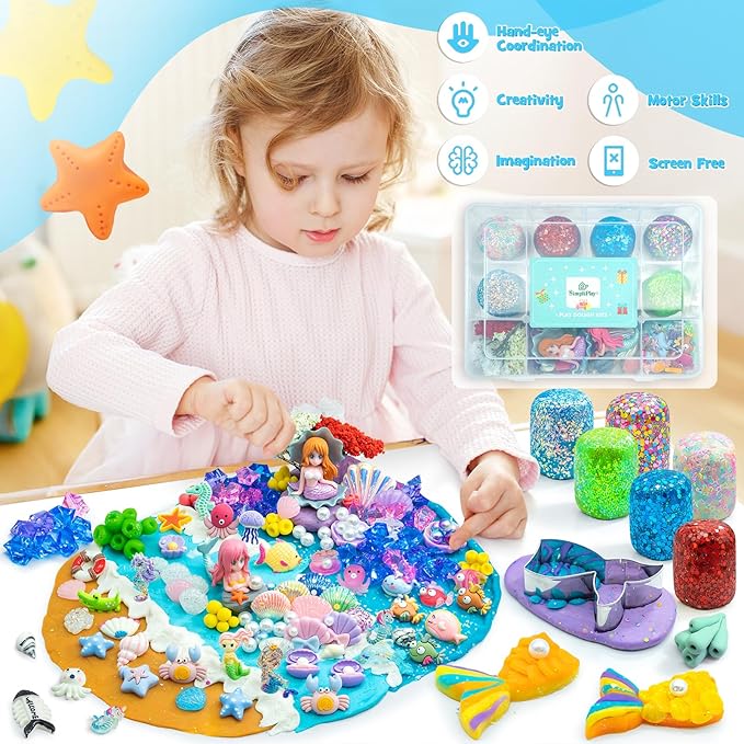 SIMPLIPLAY Mermaid Sensory Kit, 18oz 6 Pcs Glitter Doughs with Accessories(150 Pcs+), Non-Toxic Play Dough Set, Sensory Dough Kit for Toddlers 3 4 5 6 Year Old with Cutter, Mermaid Toys