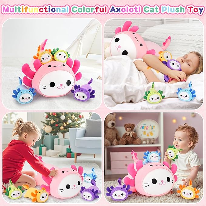 5 PCS Axolotl Cat Plush Stuffed Animal Family-19" Soft Axolotl Cat Plush, Large Mommy Plushies with 4 Baby Kittens Plushies for Kids, Kawaii Plushie Toy Christmas Birthday Gifts for Kids Boys Girls