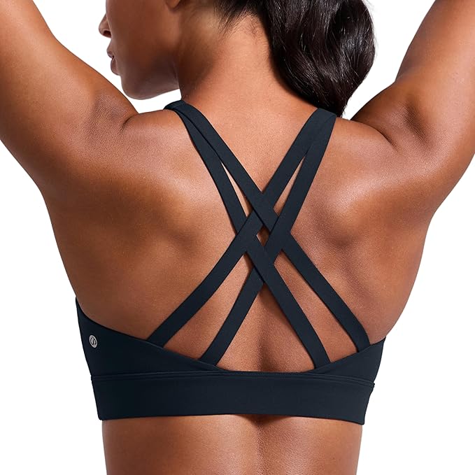 CRZ YOGA Butterlift Wide Criss Cross Straps Supportive Sports Bras for Women - Medium Impact Strappy Gym Padded Workout Top