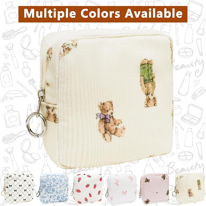 Period Bag for Girls, Corduroy Period Kit with Sanitary Pad Pouch, Menstrual Storage Bag and Tampon Holder for Purse, Girls School Essentials,Feminine Care Organizer(Cute Bear)