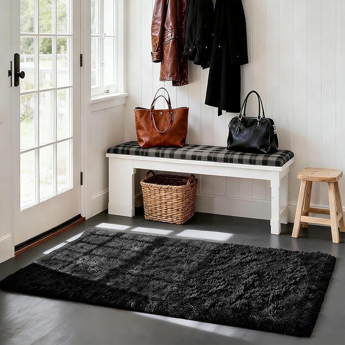 Fluffy Rug Shag Area Rug, Black 3x5 Area Rugs for Bedroom, Small Bedside Rug, Soft Fluffy Shag Entryway Throw Rugs for Living Room Bedroom Room Home Decor