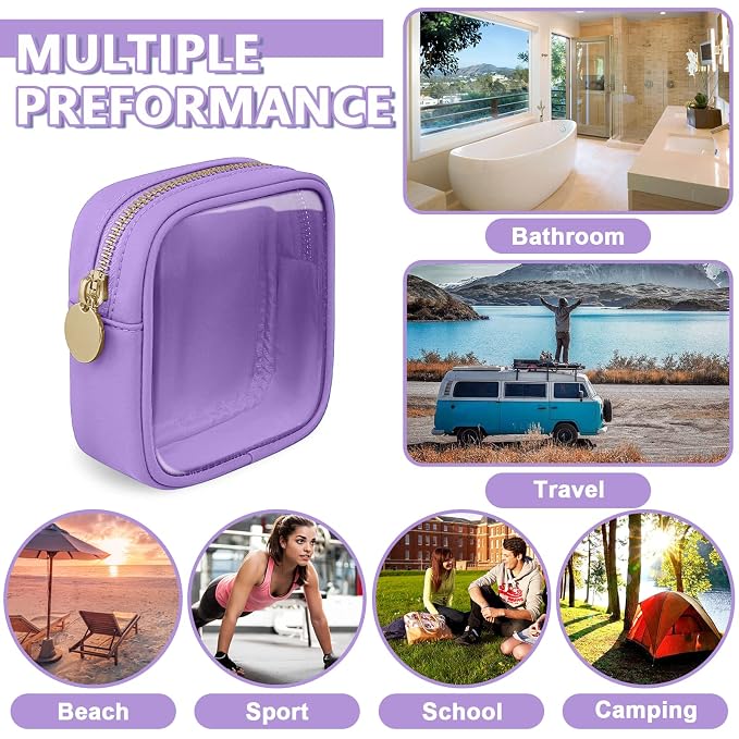 UIXIZQ Clear Mini Makeup Bag for Purse, Small Nylon&PVC Cosmetic Travel Bag TSA Approved Toiletry Bag with Zipper, Preppy Transparent Makeup Travel Bag Coin Purse for Women Men Girls(Mini-Purple)