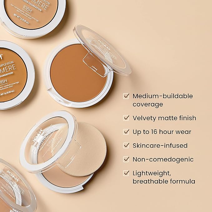 JOAH Perfect Complexion Cashmere Powder Foundation, Medium Face Coverage, Matte Finish, Korean Makeup, Compact Design For Oily & All Skin Types, 16 Hour Wear, Medium with Neutral Undertones