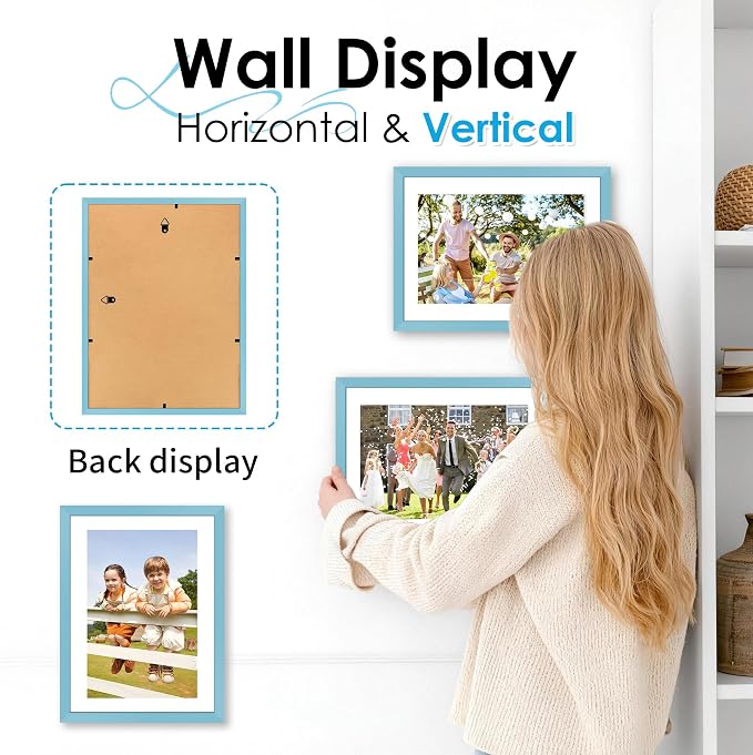 FIXSMITH A4 Picture Frame Set of 2, Blue Photo Frame with HD Plexiglass, Display Pictures 6x8 with Mat or 8.3x11.7 Without Mat Multi Picture Frames Collage for Tabletop or Wall Display