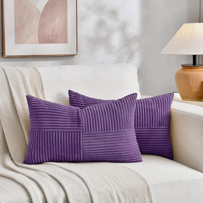 Fancy Homi Set of 2, Purple Patchwork Corduroy Decorative Soft Striped Modern Accent Cushion Case Farmhouse Boho Neutral Throw Pillow Covers for Chair Couch Bed Sofa Living Room 28x20 Inch