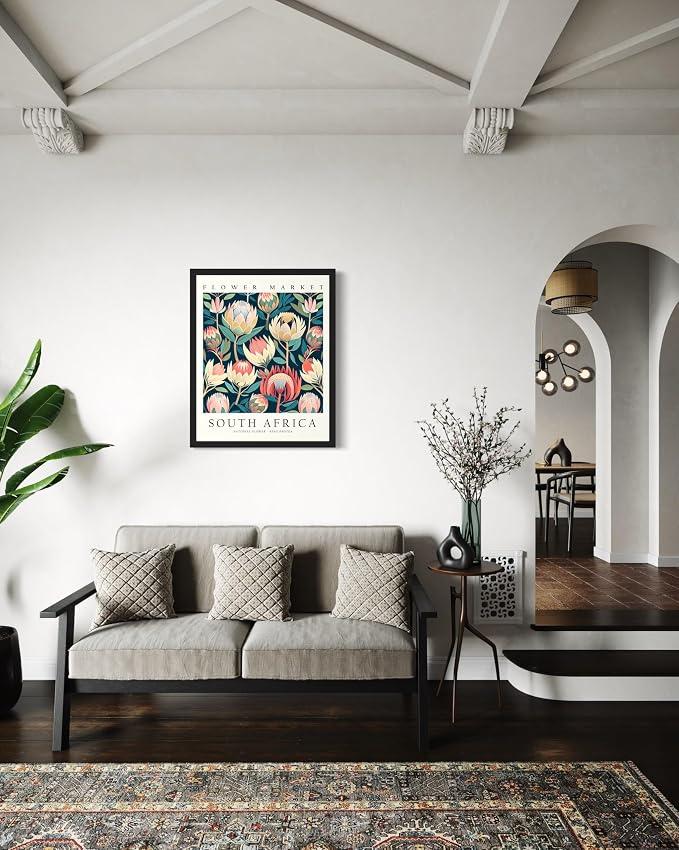 South Africa, King Protea Art Print Poster, Flower Market Wall Art, Floral Artwork Decor for Bedroom, Kitchen, Bathroom, Livingroom Decoration 52 (South Africa, King Protea, 24"L x 18"W, Black Frame)