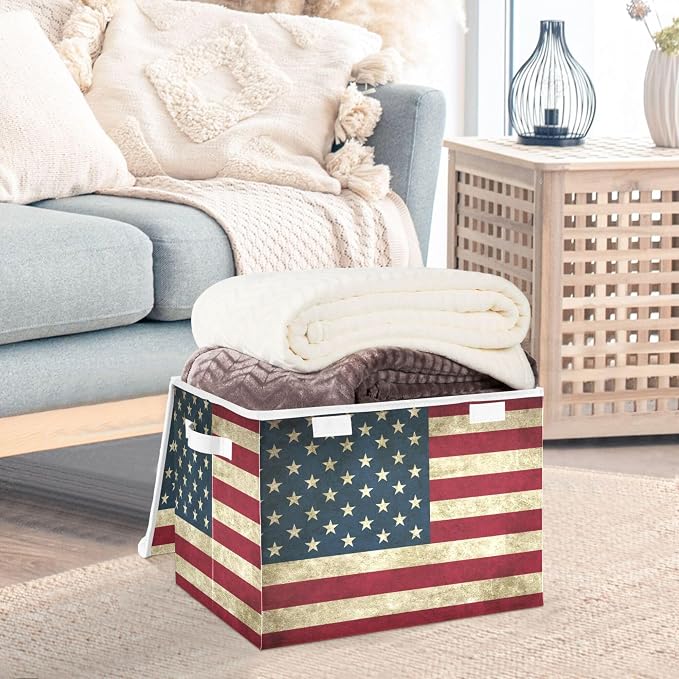 American Flag Storage Bins with Lids and Carrying Handle,Foldable Storage Boxes Organizer Containers Baskets Cube with Cover for Home Bedroom Closet Office