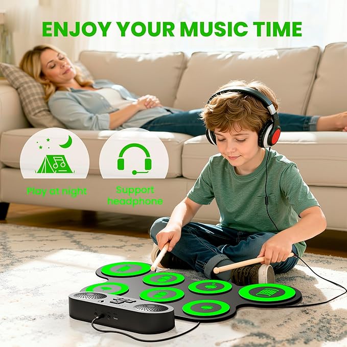 Electric Drum Set with Dual Speaker, Kids Drum Pad and Sticks Kit Supports REC, Portable Roll Up Drums Practice Pad for Kids, Great Gifts for Boys Girls