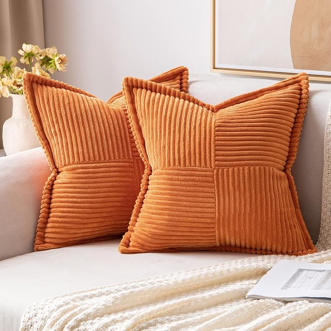 MIULEE Fall Orange Decorative Throw Pillow Covers for Couch Bed Livingroom 16x16 Inch Set of 2 Boho Accent Throw Pllows Broadside Striped Patchwork Soft Corduroy Pillowcases