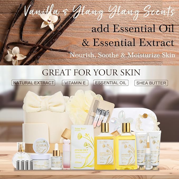 23Pcs Bath and Body Vanilla YLANG YLANG Gifts for Women, Spa Gift Basket | Gifts for Women, Birthday Gift - Vanilla Spa Gift Kit Mothers Day Gift Basket for Mom, Bath and Body Gift Basket, Spa Basket