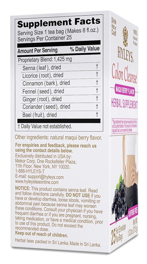 Hyleys Colon Cleanse Tea Maqui Berry Flavor - 25 Tea Bags (1 Pack)