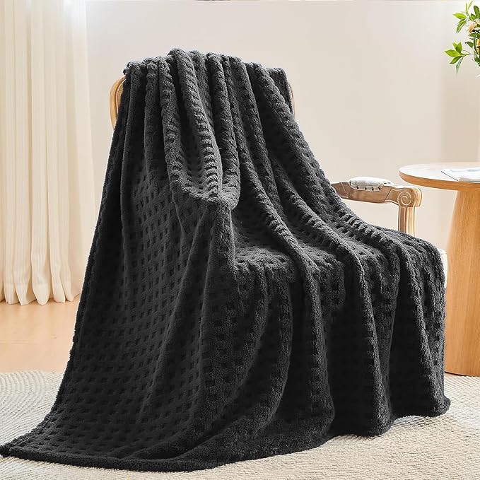 NEWCOSPLAY 3D Waffle Checkered Flannel Twin Blanket, Black, 60"x80" | Super Soft Cute Lightweight Decorative Premium Silky Fleece Blanket for Couch Sofa Bed, Gift for Women Men, All Season Use