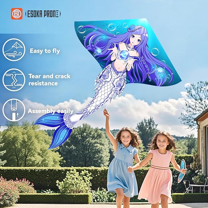 Kites for Kids & Adults,Large Kite for Beginners, Kites for Kids Ages 4-8,Outdoors Activities with Complete Handle, 328ft Kite String & Accessories (QHC Mermaid+L Grassland+Q Octopus, 3)