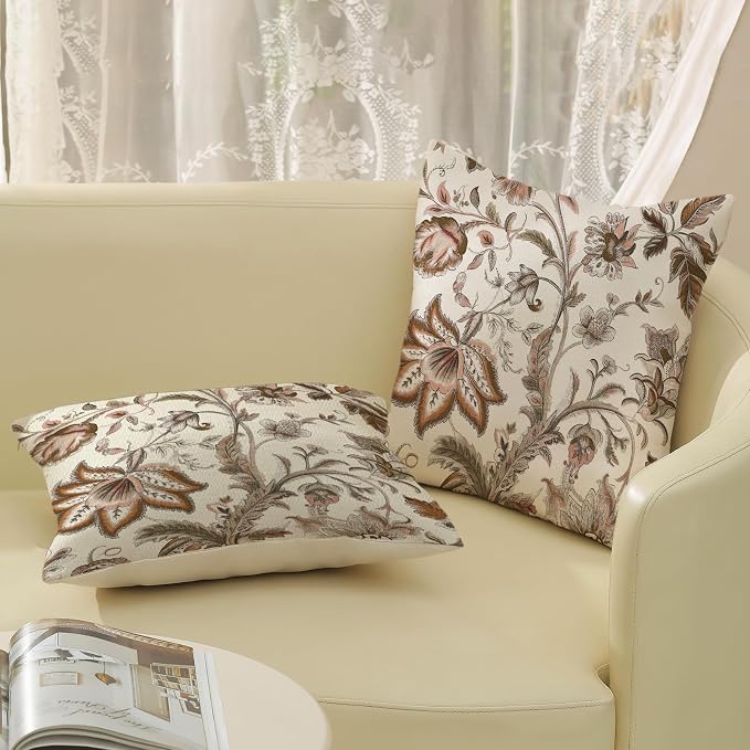 Brown Pillow Covers 20x20 Set of 2 Brown Chinoiserie Floral Throw Pillows Boho Vintage Flowers Decorative Pillow Cases Outdoor Chinoiserie Decor Farmhouse Linen Cushion Cover for Couch Sofa