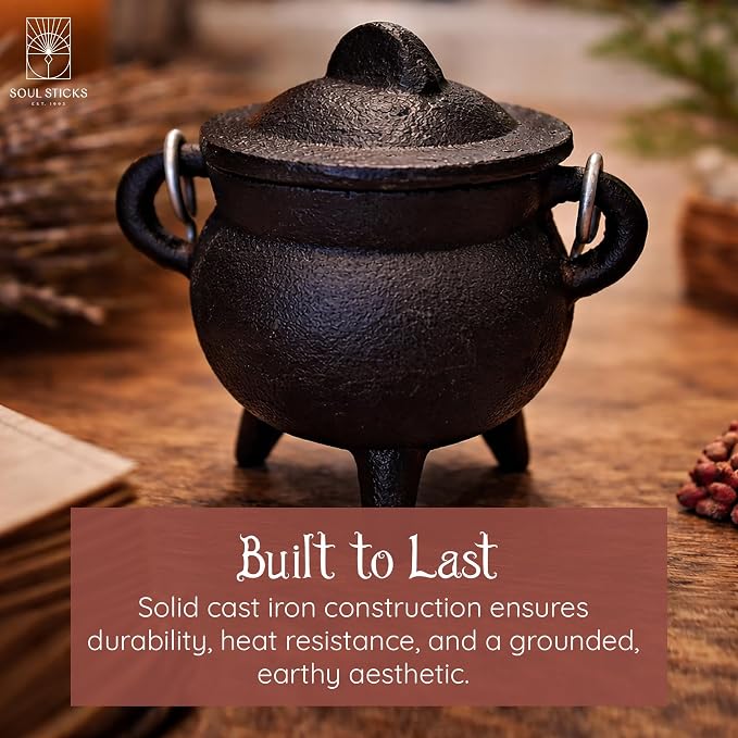 Reusable 4-Inch Cast Iron Cauldron Candle with Lid and Hanging Handle | Ritual & Aromatherapy Candle for Spell Casting, Smudging, Home Cleansing | Herb-Infused with Essential Oils (Rose)