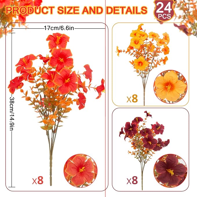 Daynight 2 Set Artificial Outdoor Fall Flowers with Hanging Baskets, 24 Pcs Faux Petunias Flowers with Hanging Planter for Outside Porch Yard Garden Autumn Decor (2, Orange)