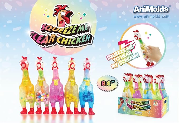 Animolds Squeeze Me Rubber Chicken Toy | Screaming Squeaky Chicken for Kids & Dogs | Novelty Prank Gag Gift (1 Pack Clear)