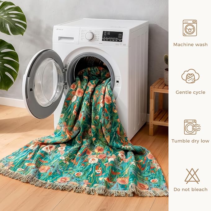 LUTBM Boho Throw Blanket for Couch 50"x60", Cotton Decorative Bed Throw | Reversible Florals Embroidery, All-Season Lightweight Breathable Blankets, For Chair Sofa Living Room Bedroom