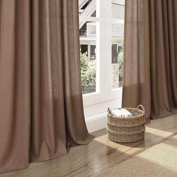Caramel Brown Linen Curtains for Living Room 95 Inches Long Back Tab and Rod Pocket Light Filtering Semi Sheer Vintage Rustic Curtain Luxury Boho Decor Drapes for Bedroom Office 52x95, 2 Panels