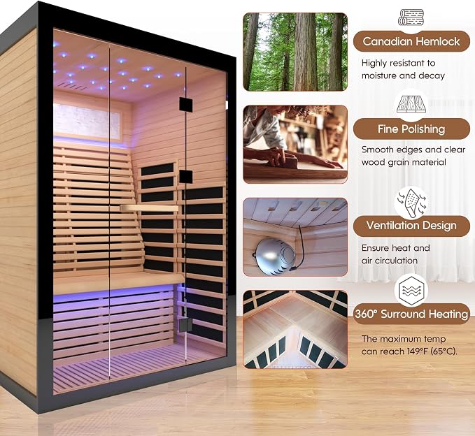 2 Person Infrared Sauna Home Indoor Sauna Canadian Hemlock Wooden Dry Sauna Room Low EMF 2160W with Oxygen Bar, 7 Color Therapy 53.1" x 47.2" x 74.8"