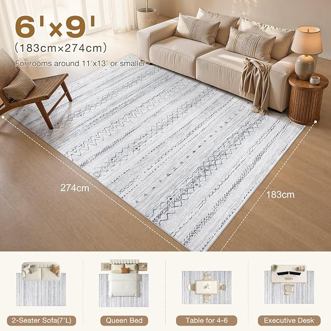 cotiled 6x9 Area Rugs Living Room Rug: Washable Boho Rugs with Non Slip Backing Large Soft Indoor Stain Resistant Carpet for Bedroom Farmhouse Dining Room Lightweight Home Decor Grey