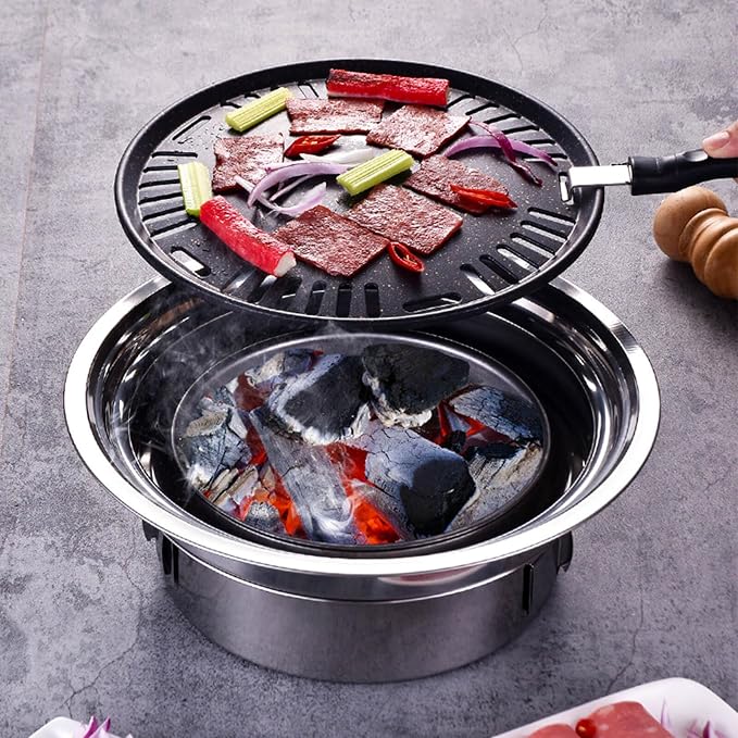 Portable Korean Style Stainless-Steel Barbecue Grill, Charcoal BBQ Round Grill Stove for Outdoor Camping, Picnicking & Parties 1~4 People, 13.8" DIA