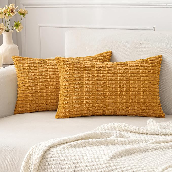 MIULEE Lumbar Corduroy Decorative Throw Pillow Covers 12x20 Gold Yellow | Pack of 2 Soft Boho Striped Pillow Covers Modern Farmhouse Home Decor For Sofa Living Room Couch Bed